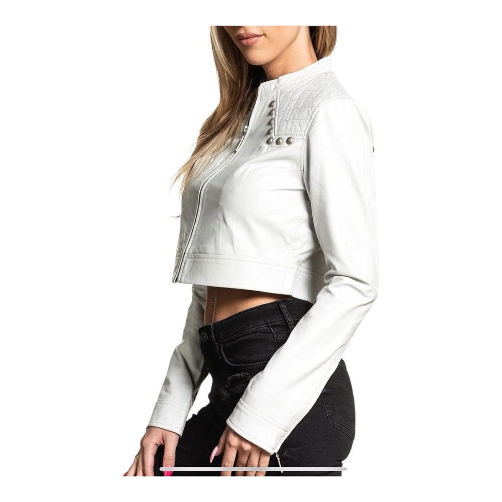Affliction “Laila” cropped fancy biker Leather Studded White Zipper Front Jacket